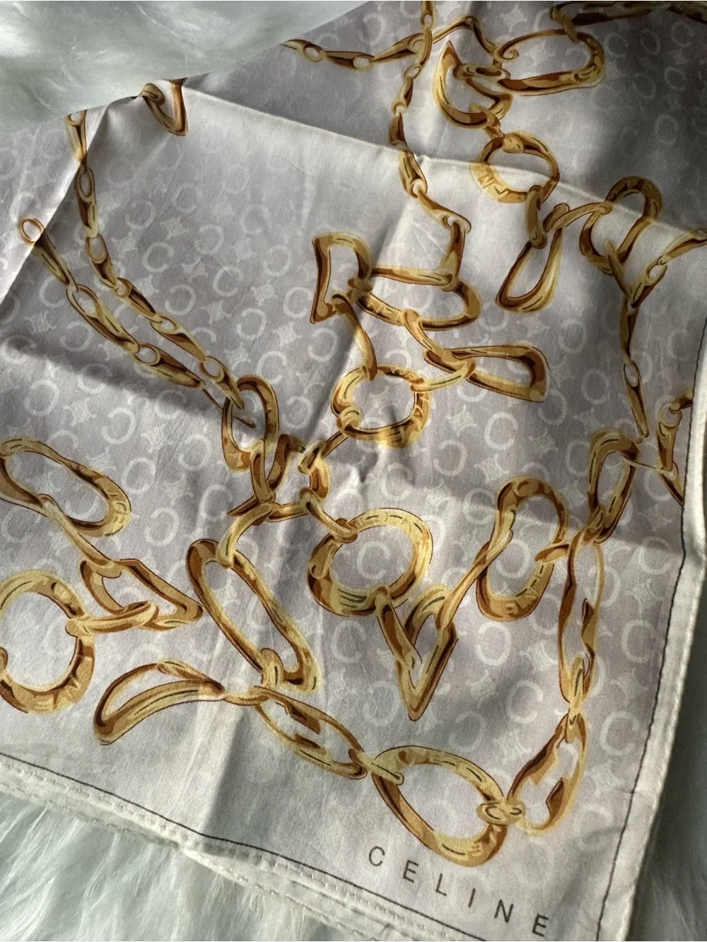 Celine Paris Vintage Gold Chain Monogram Square Scarf 19x19
